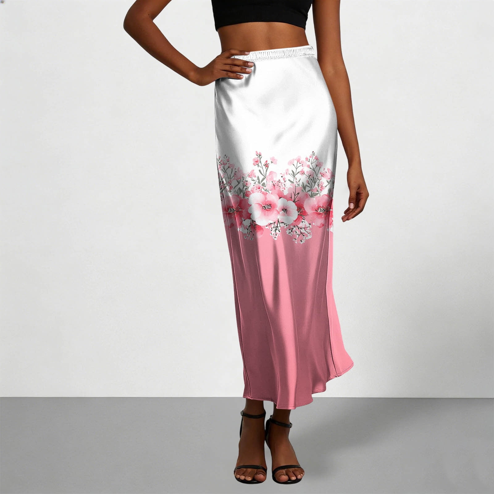 AHTJRT Satin Silk Maxi Skirts for Women Elegant Gradient Color High ...