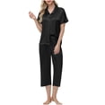 thumbnail image 1 of AHTJRT Satin Silky Pajama Set for Women Short Sleeve Lapel Button Shirt and capris Pants Matching Sets Soft Comfy Loungewear Outfit Black XXL, 1 of 9