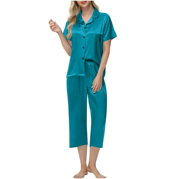 AHTJRT Satin Silky Pajama Set for Women Short Sleeve Lapel Button Shirt and capris Pants Matching Sets Soft Comfy Loungewear Outfit Sky Blue XXL