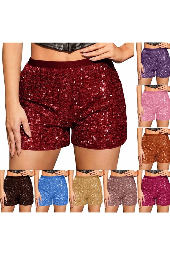 Sequin Shorts for Women Shiny Sparkly Giltter Shorts Stretchable High Waisted Short Pants for Dancing Disco Party Pink XXL