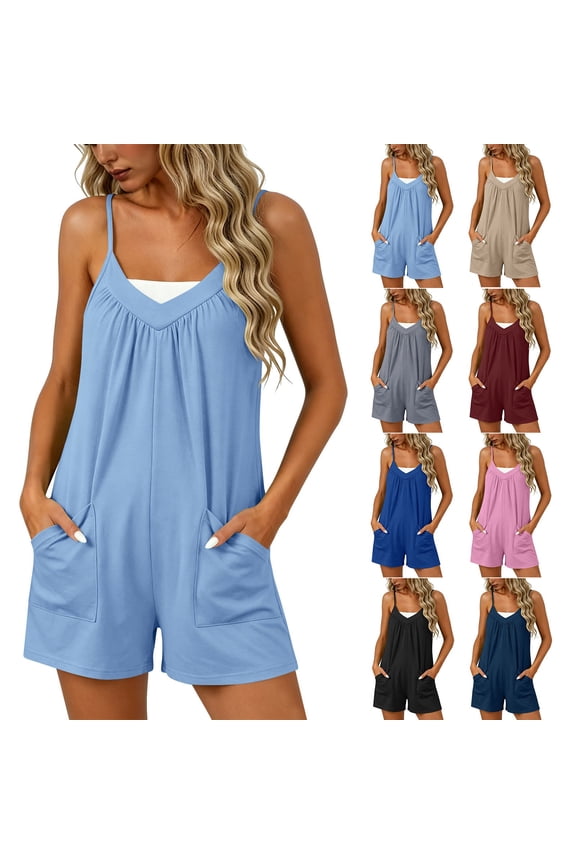 Short Jumpsuits for Women Baggy Loose Fit V Neck Wide Leg Boho Summer Rompers with Adjustable Spaghetti Straps and Pockets Red L