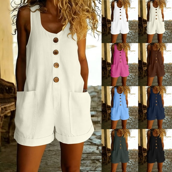 AHTJRT Short Jumpsuits for Women Sleeveless Button Down Scoop Neck Summer Rompers Overalls with Pockets Navy S