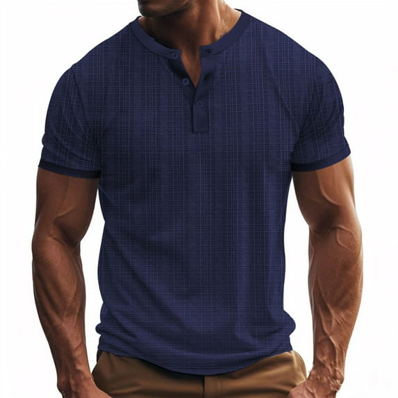 AHTJRT Short Sleeve Cotton Linen Henley Shirts For Men Casual Crewneck Tees Navy S