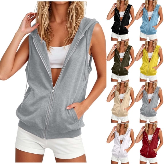 AHTJRT Sleeveless Hoodies for Women Zip-Up Drawstring Summer Workout Tops Cooling Breathable Gym Running Athletic Sweatshirts Gray L