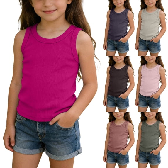 AHTJRT Sleeveless Tank Tops for Girls Ribbed Crewneck Racerbacks Tops Summer Sporty Athletic Workout Running Gym Pink 3-4 Years