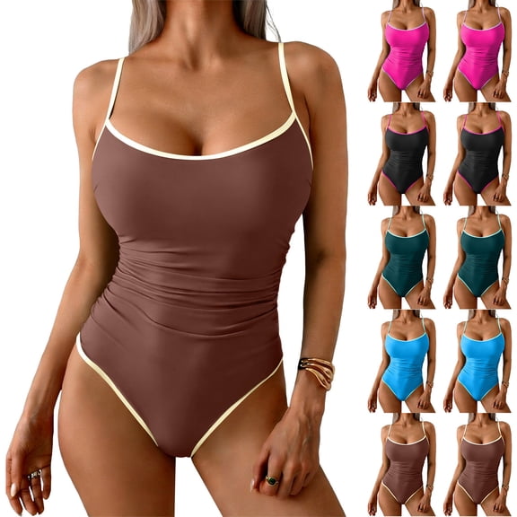 AHTJRT Slimming One Piece Swimsuit for Women Padded Tummy Control Bathing Suit with Spaghetti Strap Solid Color Swimwear Jumpsuit Sky Blue XXL