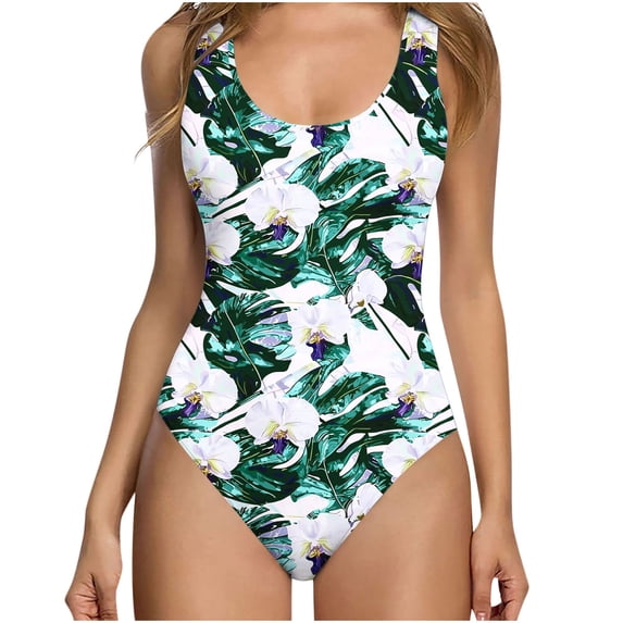 AHTJRT Slimming One Piece Swimsuit for Women Tummy Control Fashion Hawaiian Tropical Floral Printed Swimwear Jumpsuits with Chest Pad Green XXL