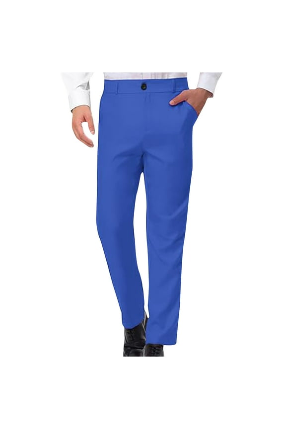 Solid Color Dress Pants for Men Straight Fit Flat Front Chino Trousers Blue L
