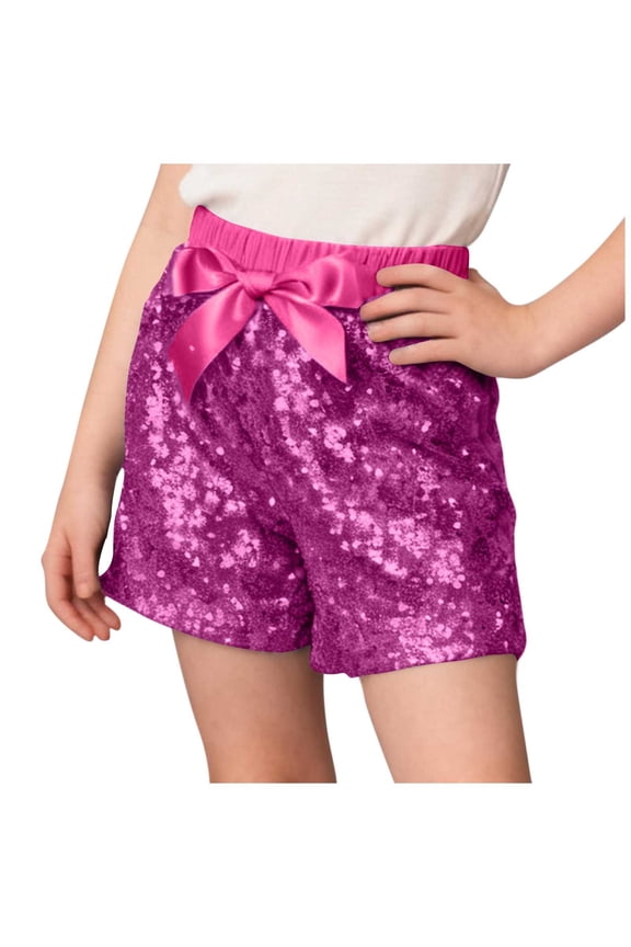 Sparkly Sequin Shorts for Girls Kids High Elastic Waist Shorts with Bowknot Glitter Party Club Dance Short Pants Hot Pink 1-2 Years