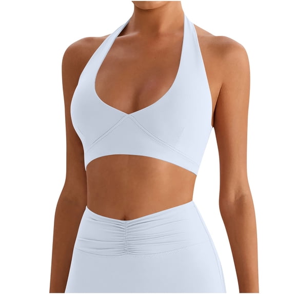 AHTJRT Sports Bra for Women Seamless Full Coverage Halter Padded Bralettes Open Back Workout Gym Yoga High Impact Crop Tank Tops Blue L