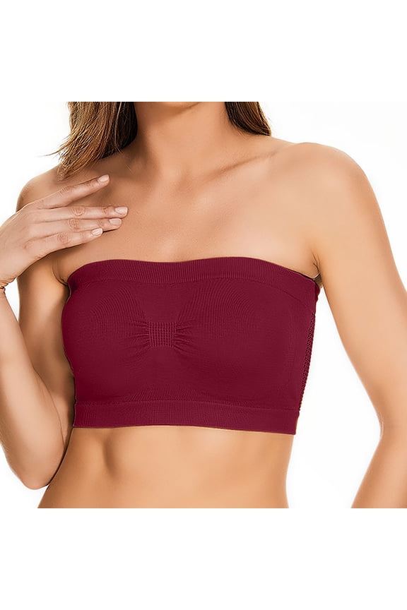 Strapless Bra for Women Plus Size Summer Vacation Bralette Comfort Underwired Bra Non Slip Demi Fixed Cup Bandeau Tube Tops Wine XXXXXL