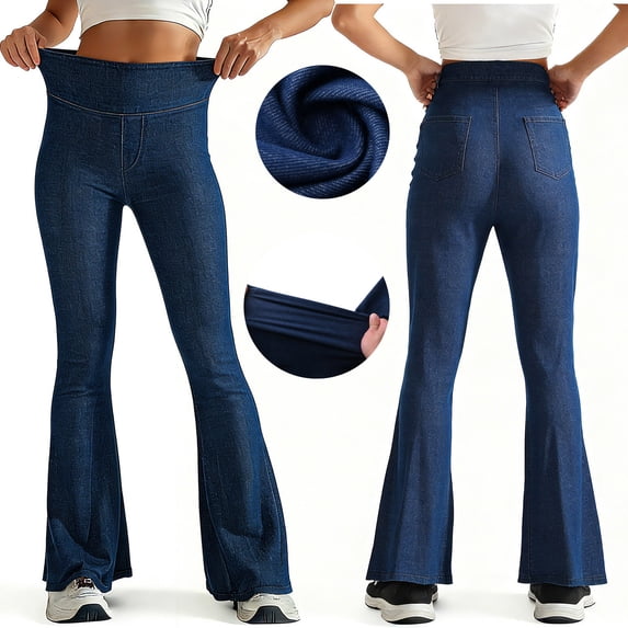AHTJRT Stretchy Jeans for Women Elastic High Waisted Bell Bottoms Fashion Spring Workout Street Flared Trousers with 2 Back Pockets Dark Blue XXL