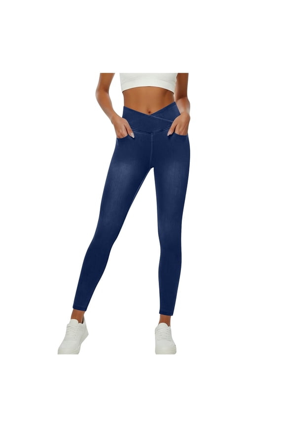 Stretchy Leggings for Women Soft Slim Fit Butt Lifting Bottoms with Pockets Skinny Crossover Waisted Jeggings Navy &F2XL