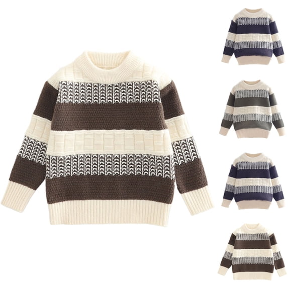 AHTJRT Striped Sweaters for Girls Boys Kids Stretchable Long Sleeve Mock Neck Pullover Fall Winter Spring Comfy Cable Knit Basic Tops Khaki#02 7-8 Years