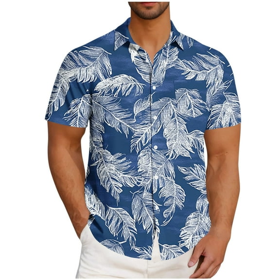 AHTJRT Stylish Men's Camouflage Print Button Down Short Sleeve Shirt Blue 5XL