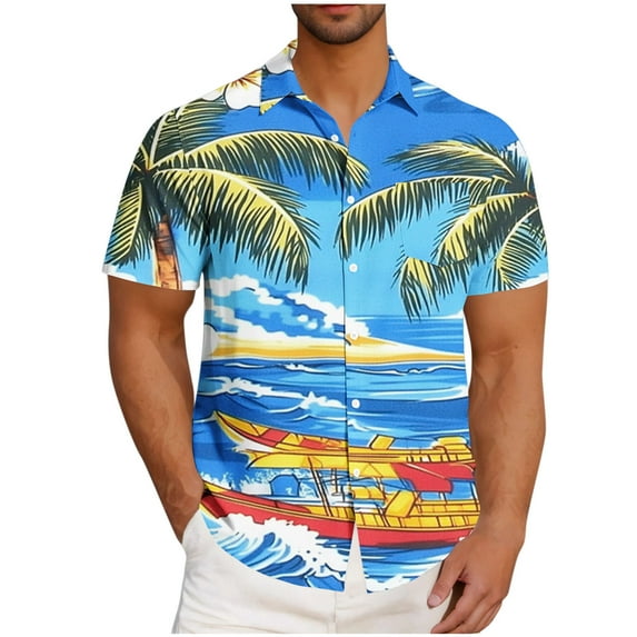 AHTJRT Stylish Men's Camouflage Print Button Down Short Sleeve Shirt Blue XL