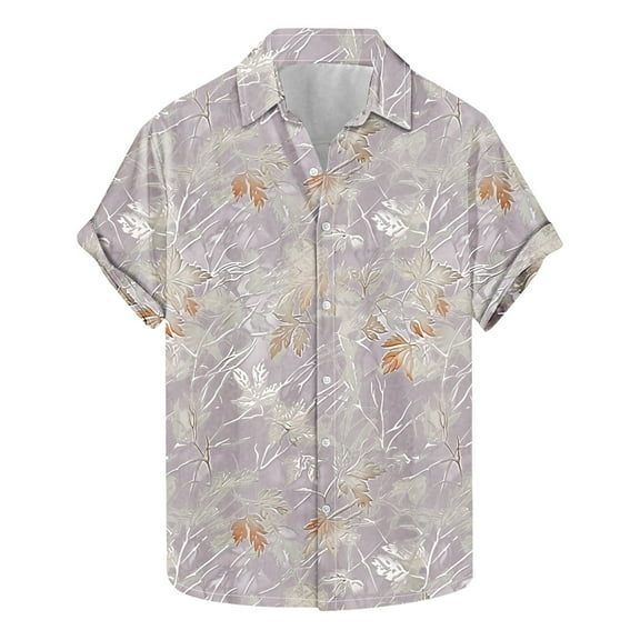 AHTJRT Stylish Men's Camouflage Print Button Down Short Sleeve Shirt Purple L