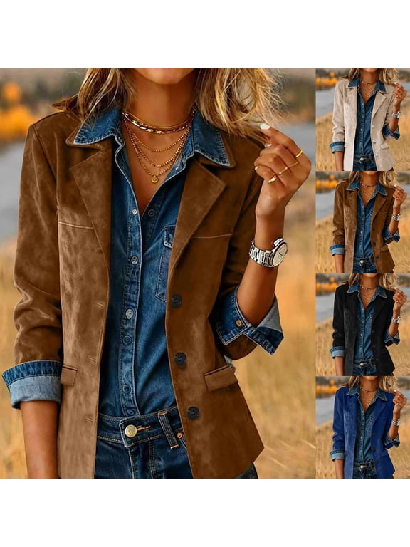 Suede Jacket for Women Notched Collar Long Sleeve Single Breasted Button Down Western Cowboy Style Outerwear Coats with Pockets Black S