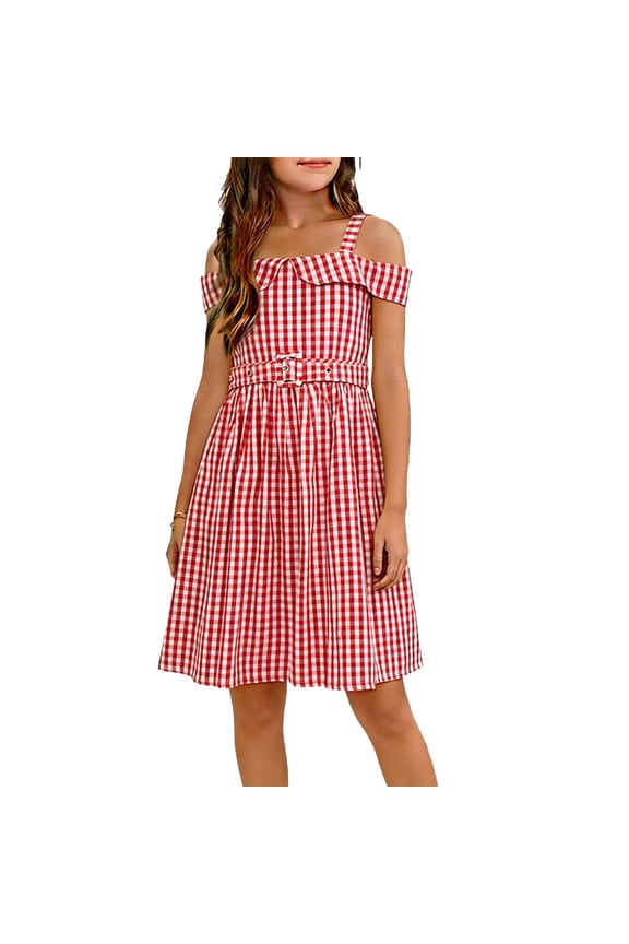 Summer Dresses for Girls Gingham Long Dress Corset off Shoulder Casual Sleevelss Sundress Back Button Down A-Line Short Dresses Red 12-13 Years