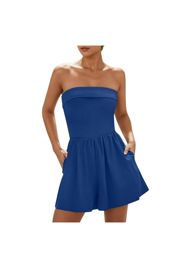 Summer Rompers for Women 2026 Fashion One Piece Strapless Tube Tops Sleeveless Skort Skirts Short Jumpsuit for Travel Beach Vacation Blue XL