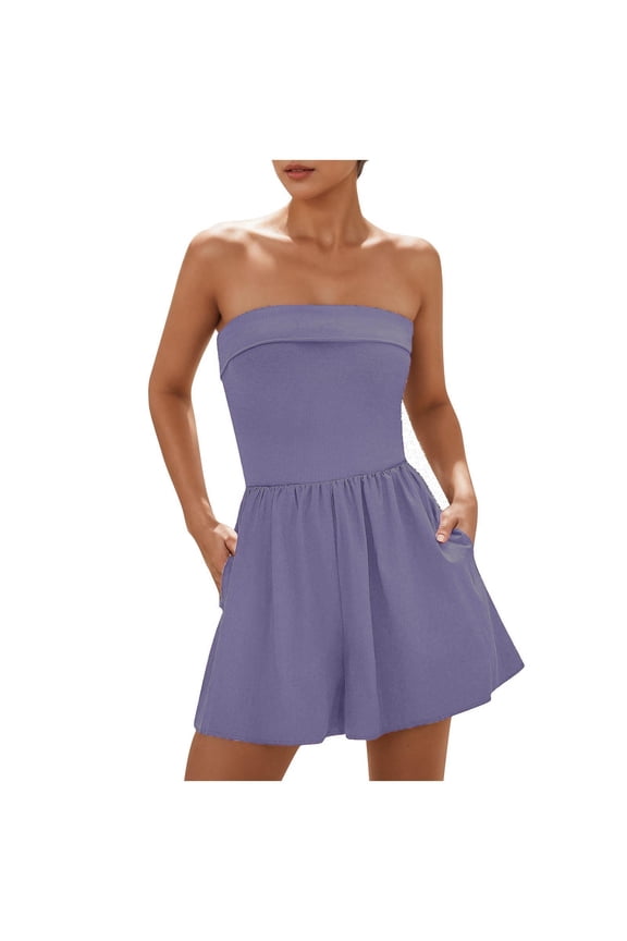 Summer Rompers for Women 2026 Fashion One Piece Strapless Tube Tops Sleeveless Skort Skirts Short Jumpsuit for Travel Beach Vacation Purple S