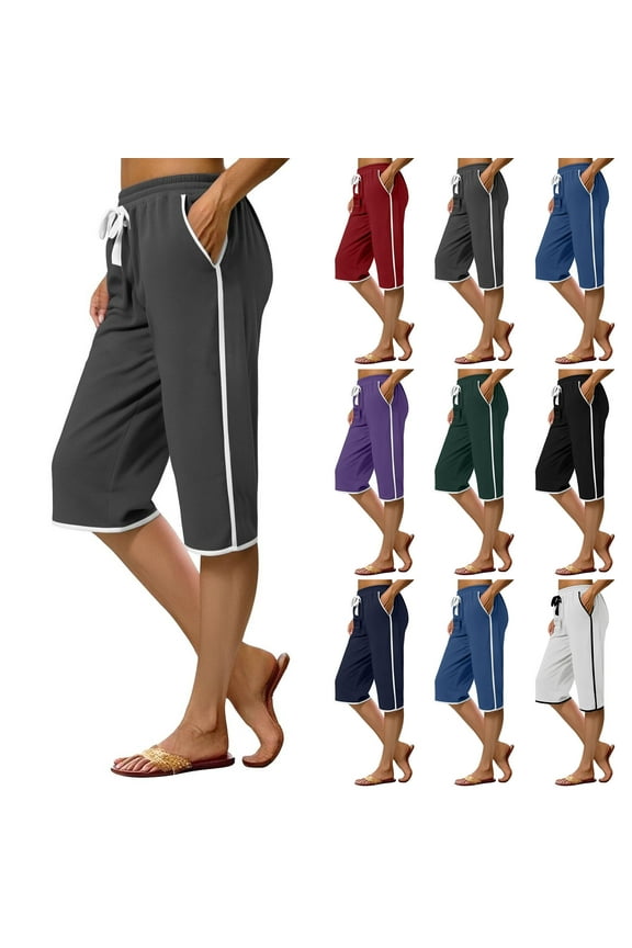 Sweat Capris for Women Drawstrings Elastic Waist Crop Trousers with Pockets Knee Length Summer Casual Loungewear Shorts Gray L