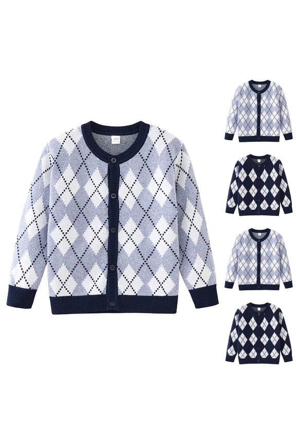 Sweater Cardigans for Girls Boys Kids Crewneck Full Button Down Outerwear Comfy Stretchy Fashion Argyle Grahpics Printed Tops Gray 5-6 Years