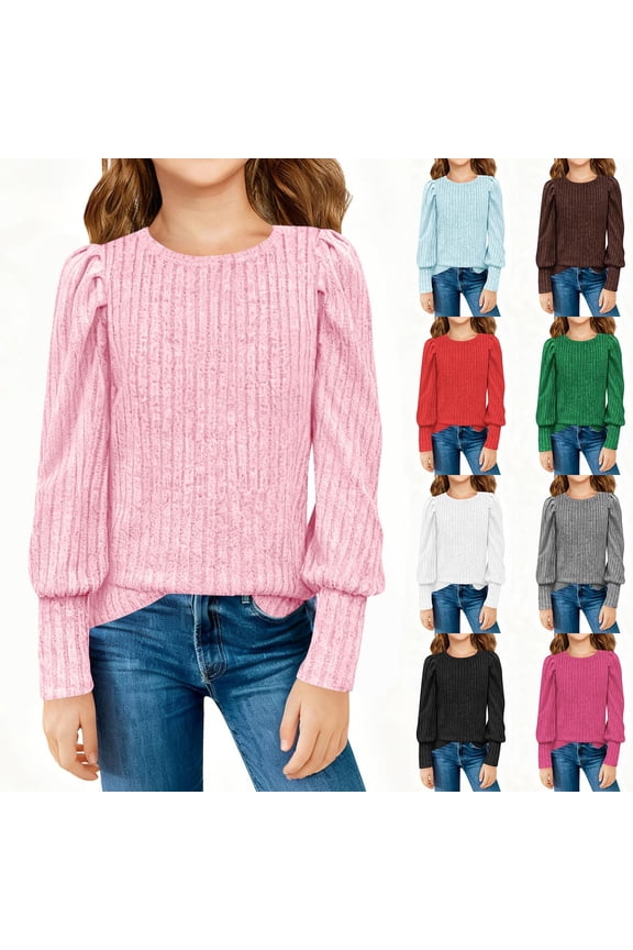 Sweatshirts for Kids Children's Round Neck Long Sleeve Tee Tops Ribbing Edge Striped Knit Pullover Top Shirts Casual Lounge Street Clothes Red 5-6 Years