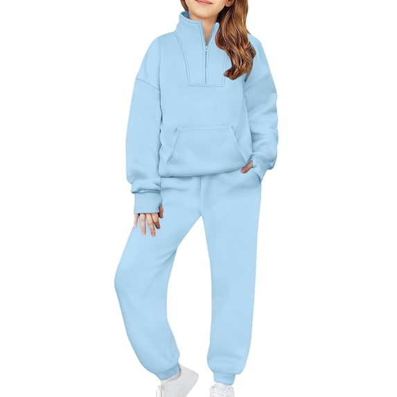 AHTJRT Sweatsuits Kids 2 Pieces Outfit Quarter Zip Pullover and Sweatpants Set Workout Running Track Suit Fashion 2026 Fall Spring Outift Sky Blue 11-12 Years