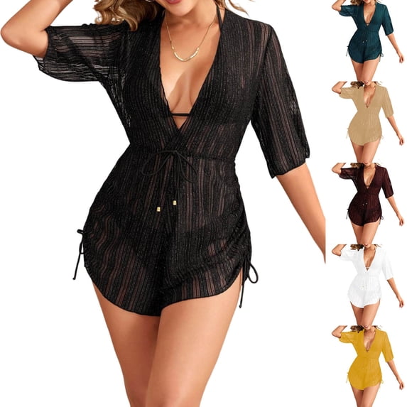 AHTJRT Swim Dress for Women Deep V Neck Sheer Mesh Short Sleeve Dresses Summer Beach Tummy Control Breathable One Piece Swimsuit White S
