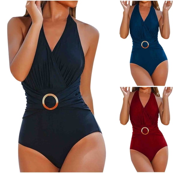 AHTJRT Swimsuit for Women Padded Wireless Halter Low Back One Piece Swimwear Slimming Tummy Control Bathing Suit for Summer Beach Vacation Navy#02 XL