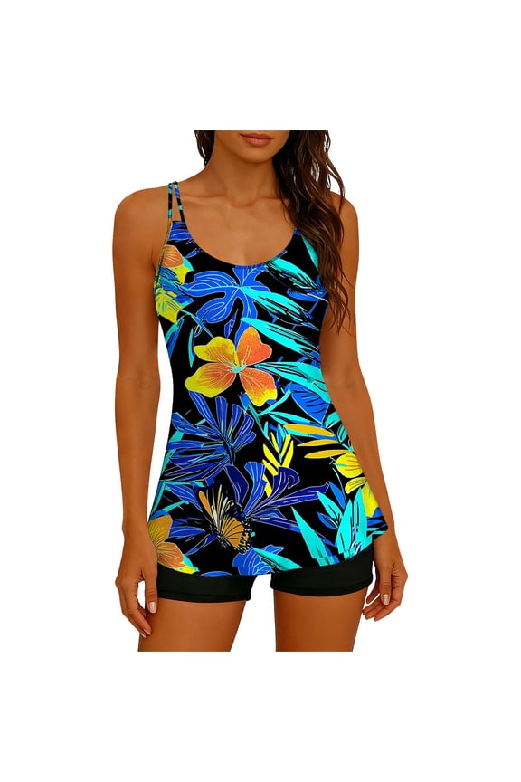 Tankini Bathing Suits for Women Tropical Floral Printed Summer Beachwear Two Pieces Swimsuits Tank Tops and Boyshorts with Adjustable Straps Black#12 XXL