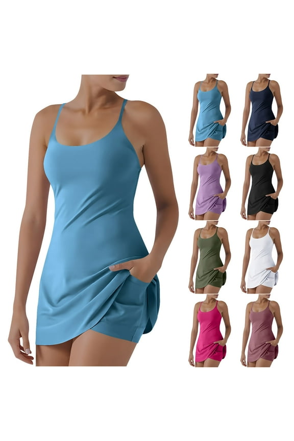 Tennis Dress for Women Athletic Golf Workout Running Pockets Skorts Jumpsuit with Built-In Shorts and Bras Crisscross Spaghetti Straps Rompers Hot Pink XXL