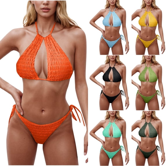 AHTJRT Textured Halter Bikini for Women Two Piece Triangle Bikini Sets Cheeky High Cut Bathing Suit Sporty Tie Side Swimsuits Green#02 XL