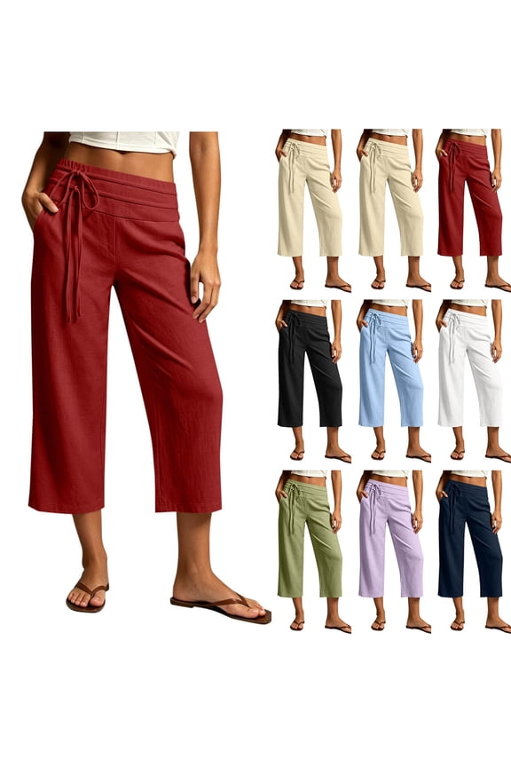 Tie Side Capri Pants for Women High Waist Casual Wide Leg Summer Vacation Slacks with Pockets Comfy Cotton Linen Crop Pants Green S