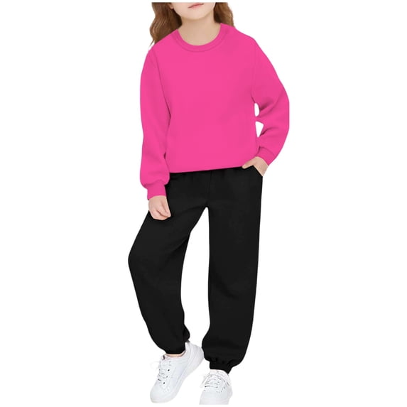 AHTJRT Tracksuit Set for Kids Long Sleeve Hoodie Sweatshirt Tapered Pants Set Two Pieces Fall Spring Running Hiking Outfits Hot Pink#01 6-7 Years