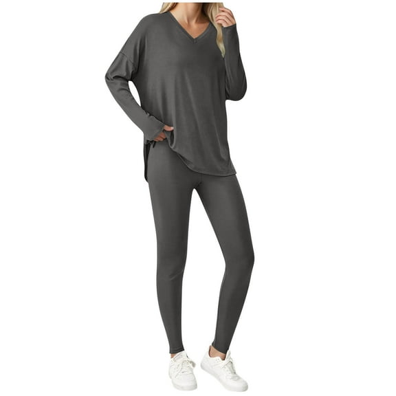 AHTJRT Tracksuits for Women 2 Pieces Outfit Sweatsuits V Neck Long Sleeves Top and Jogger Leggings Pants Set Soft Comfort Lounge Set Dark Gray XL