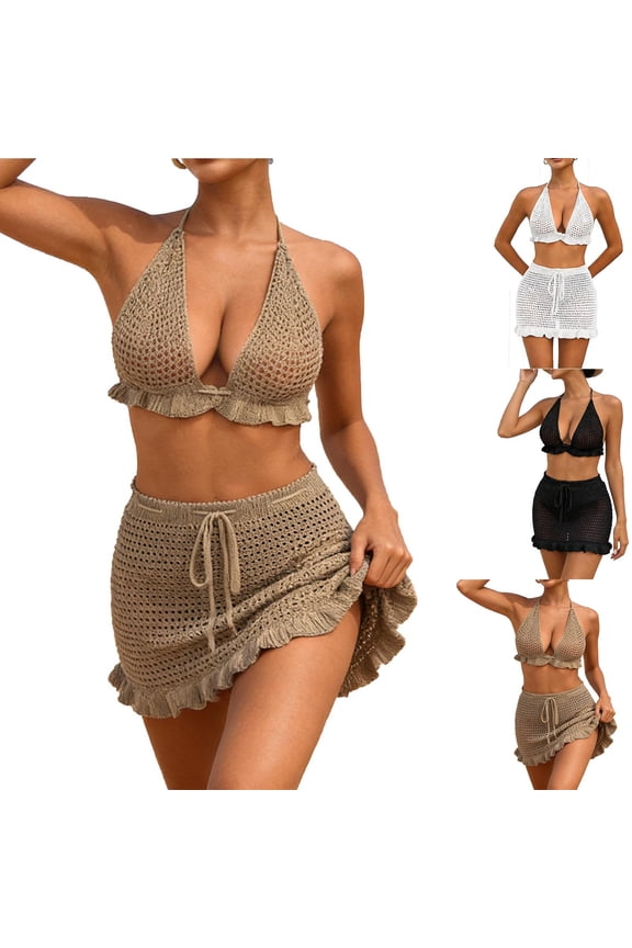 Triangle Bikini Sets for Women Crochet Boho Halter Fishnet Bathing Suit Deep V Neck Bralettes and Beach Skirts Two Pieces Swimsuit Black L
