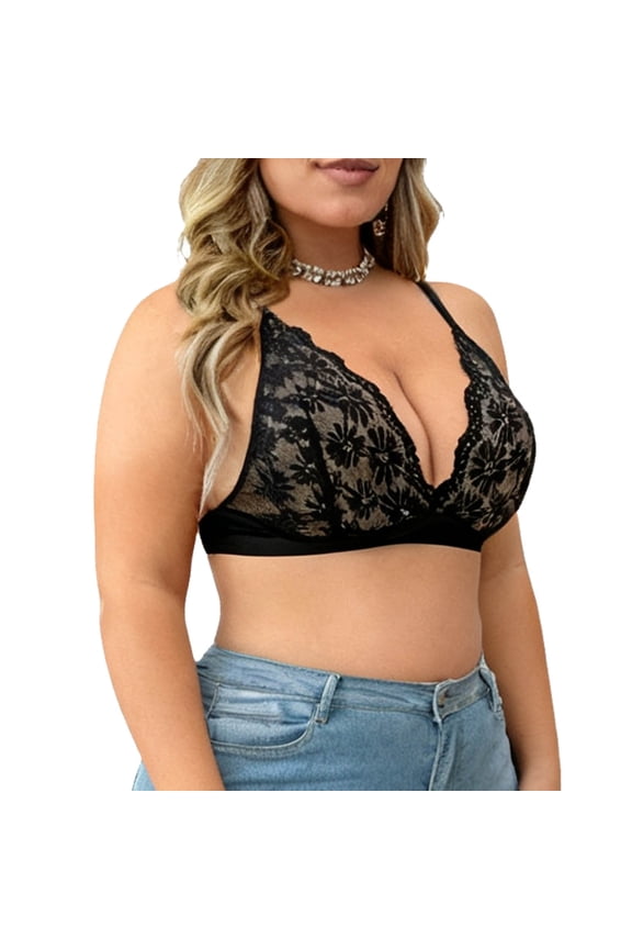 Triangle Bras for Women Plus Size Wireless Breathable Bralette Deep Plunge V Neck Balconette Lace Sheer Bras Black XXL