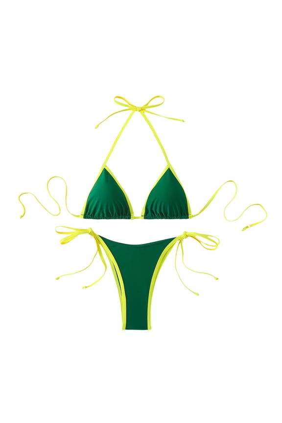 Triangle Halter Bikini Sets for Women Love Heart Ring Linked Swimsuits Tie Side High Cut Thongs Two Pieces Bathing Suit Green M