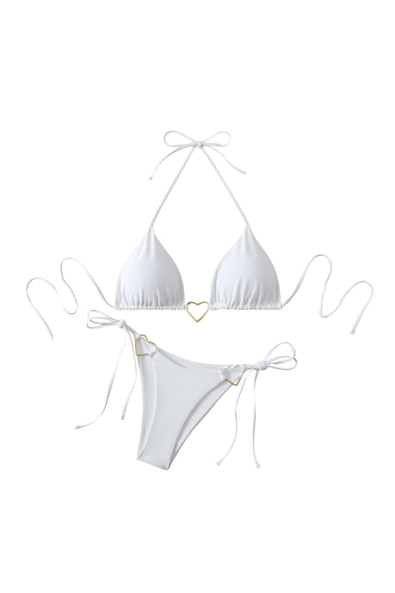 Triangle Halter Bikini Sets for Women Love Heart Ring Linked Swimsuits Tie Side High Cut Thongs Two Pieces Bathing Suit White#01 M