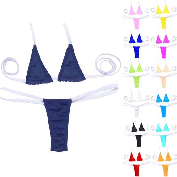 AHTJRT Triangle Halter Bikini Sets for Women Microbra Thong Swimwear Suit Cheeky Mesh Sheer See Through Two Pieces Bathing Suits Navy Free Size