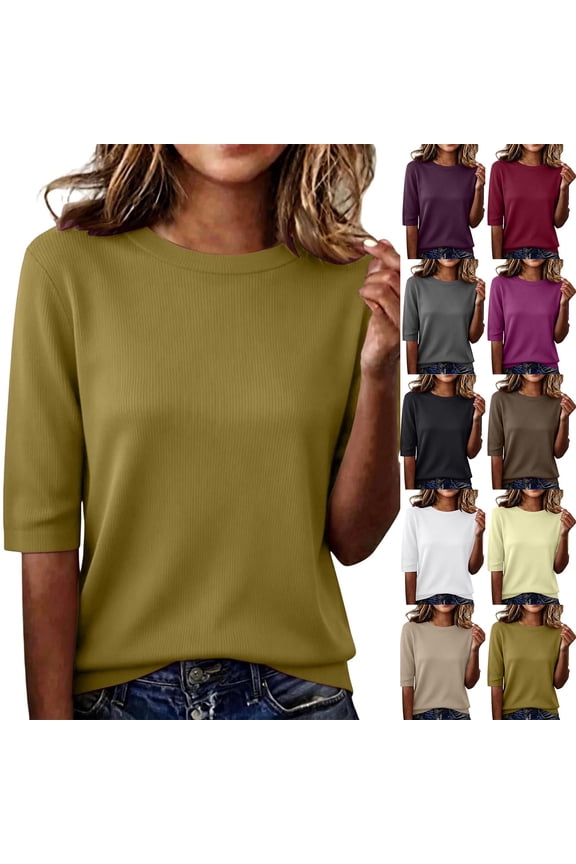 Tshirt for Women Elbow Length Sleeve Crew Neck Loose Blouse Tops Cozy Ribbed Knit Summer Casual Lightweight Shirts Dark Gray M