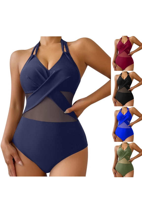 Tummy Control Bathing Suit for Women V Neck Twist Front One Piece Swim Suit Summer Breathable Sheer Mesh See Through Bodysuit Green XXL