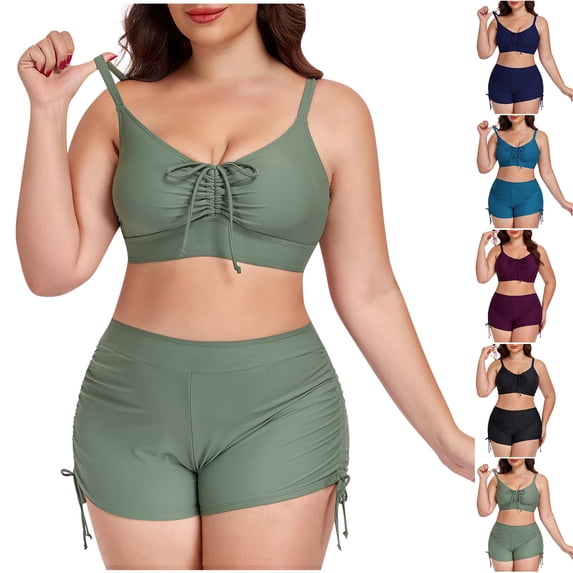 AHTJRT Two Piece Bikini Sets for Women Tie Front Bralettes and Beach Shorts Swimsuits with Adjustable Spaghetti Straps Tummy Control Butt Lifting Bathing Suits Navy XXXXL