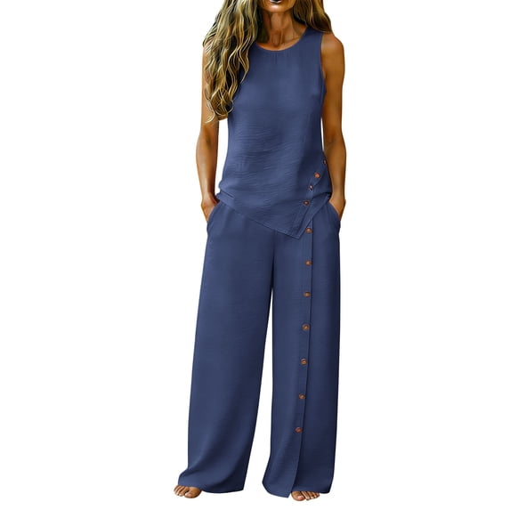 AHTJRT Two Piece Outfits for Women Summer Matching Sets Sleeveless Tops Lounge Beach Vacation Sets Wide Leg Pants Suits Navy S