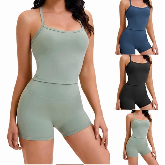 AHTJRT Two Piece Workout Sets for Women Sapghetti Strap Tank Tops Matching High Waist Butt Lift Gym Shorts Summer Athletic Yoga Active Tracksuits Green L