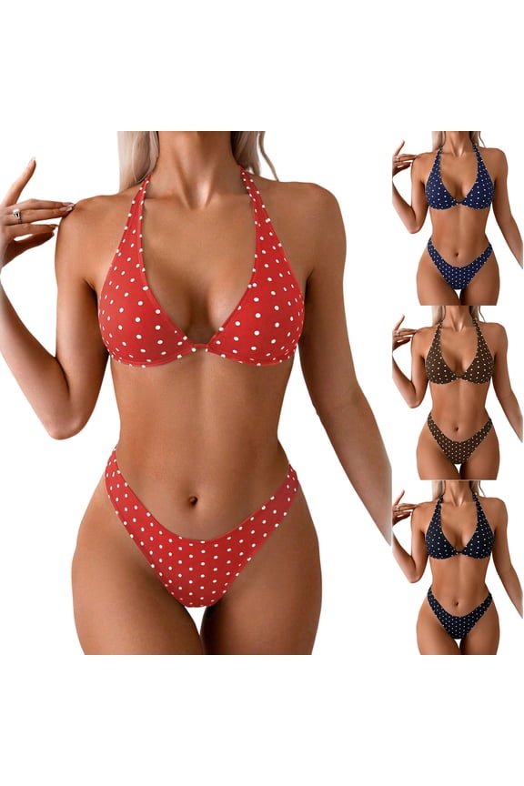 Two Pieces Bikini Set for Women Triangle Backless Halter String Bathing Suit Fashion Wave Point Printed Swimsuit Navy S