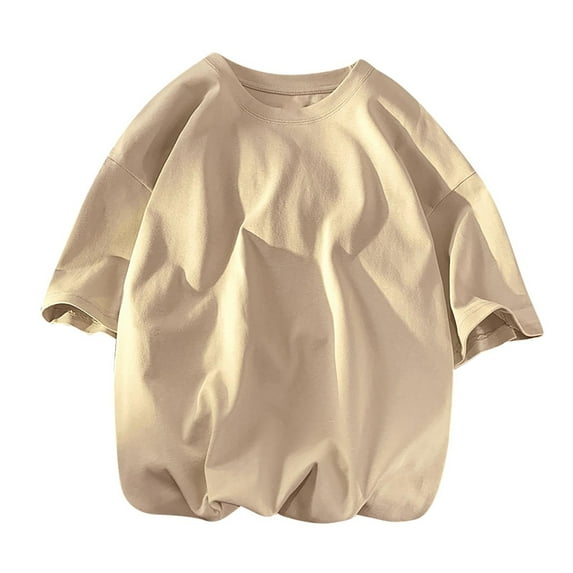AHTJRT Unisex Casual Short Sleeve Cotton T-Shirt Round Neck Solid Color Blouse Beige 2XL