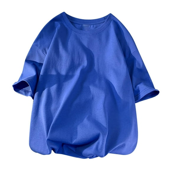 AHTJRT Unisex Casual Short Sleeve Cotton T-Shirt Round Neck Solid Color Blouse Dark Blue 4XL